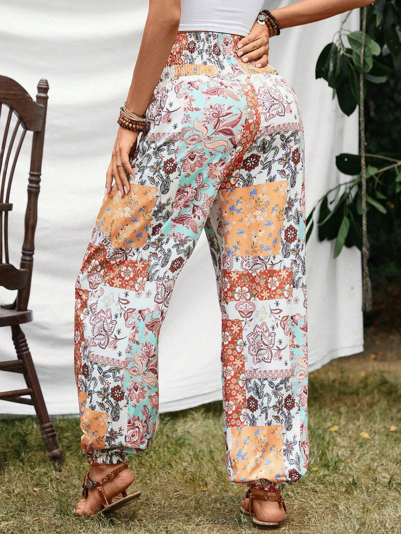 VCAY Pantalones Con Cintura Fruncida Y Estampado De Patchwork