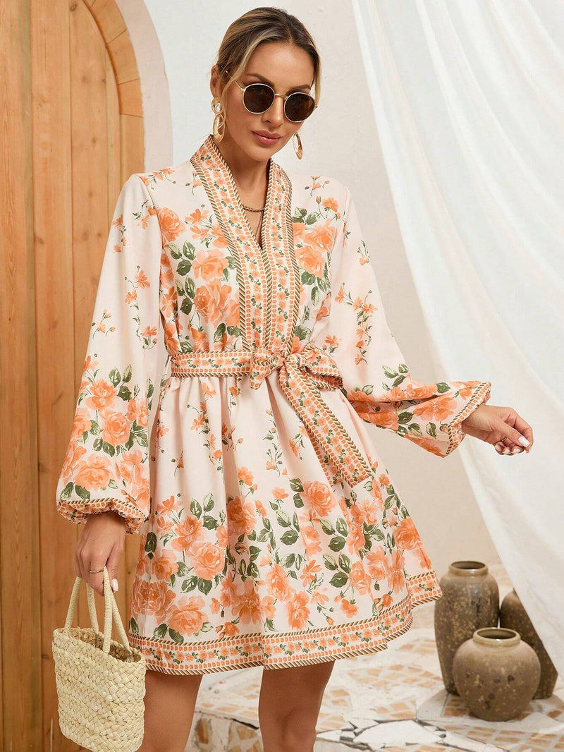 VCAY Vestido De Manga Larga Para Mujer Con Estampado Floral Y Cintura Definida