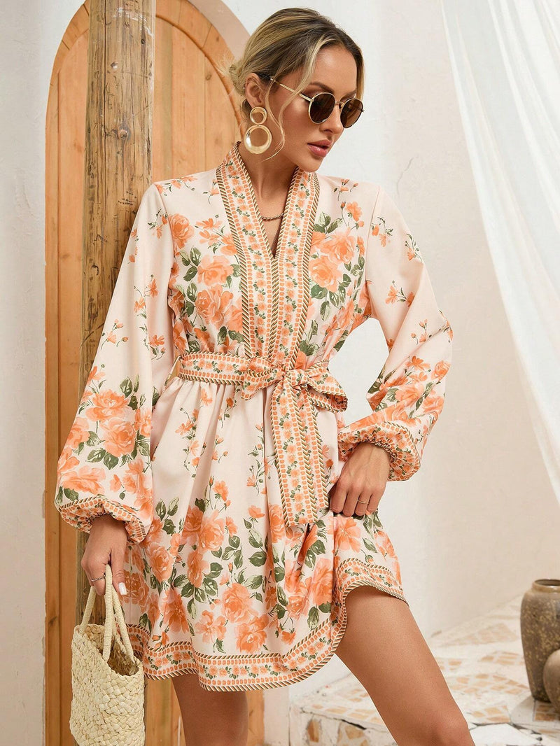 VCAY Vestido De Manga Larga Para Mujer Con Estampado Floral Y Cintura Definida