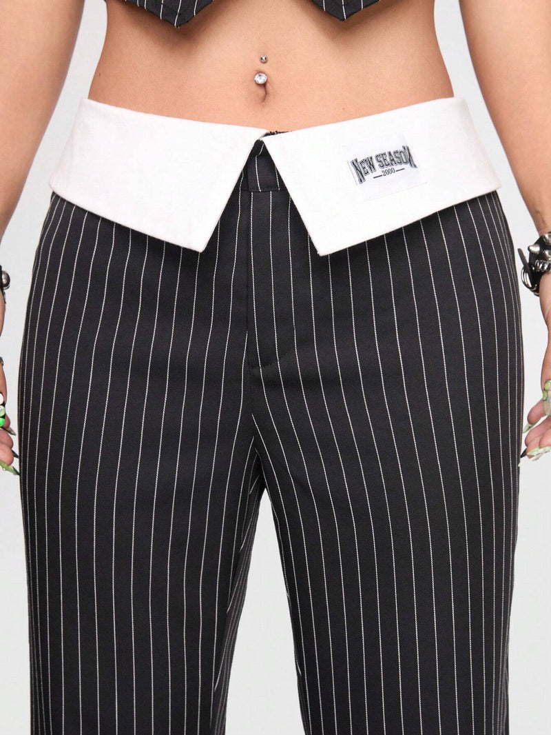 ROMWE PUNK Pantalon De Cintura Alta Para Mujer Con Rayas Y Cintura Plegada