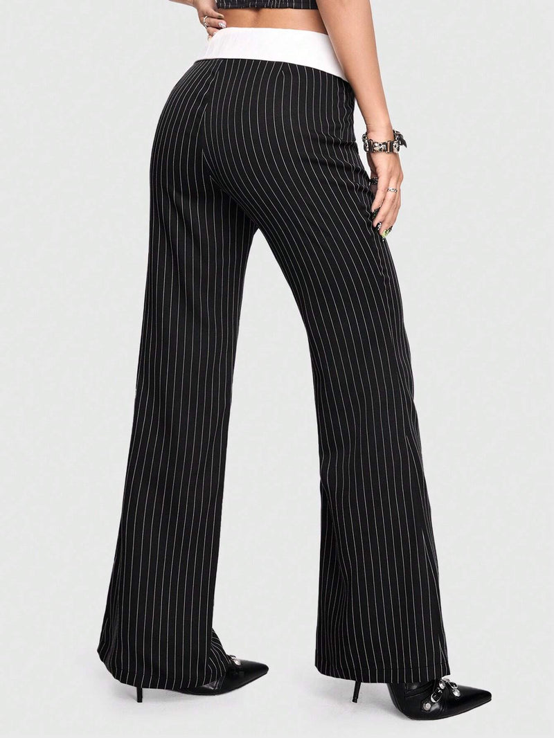 ROMWE PUNK Pantalon De Cintura Alta Para Mujer Con Rayas Y Cintura Plegada