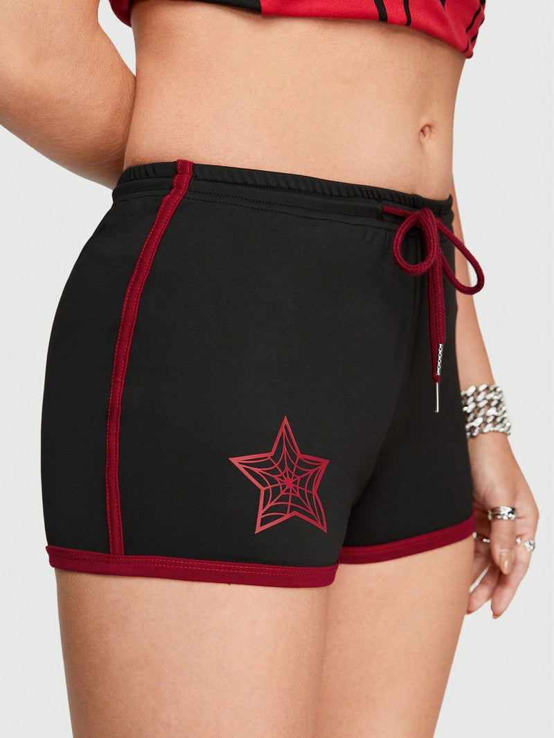 ROMWE Street Life Mini Shorts De Yoga Para Entrenamiento En Estilo Callejero Con Estampado De Arana Y Estrella Y Cintura Elastica