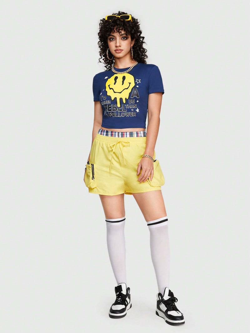 ROMWE Street Life Camiseta Corta Con Estampado De Emoji Y Eslogan Para Mujer