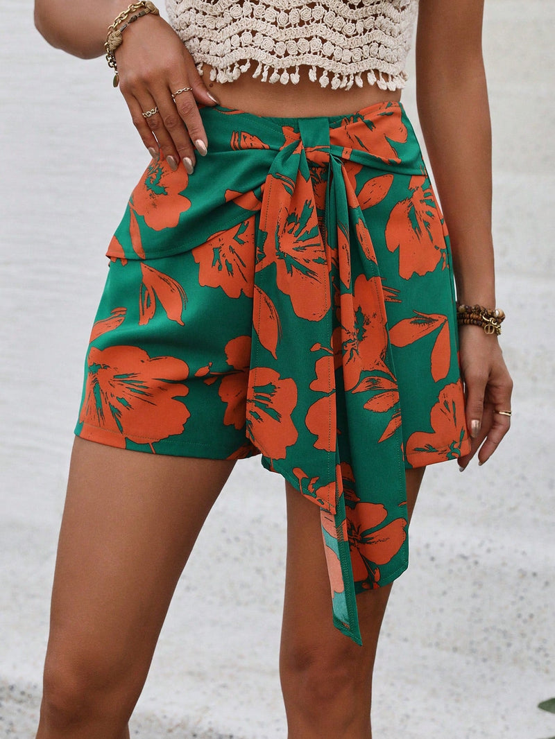 VCAY Shorts Estampados Florales Para Mujer Con Lazo Frontal