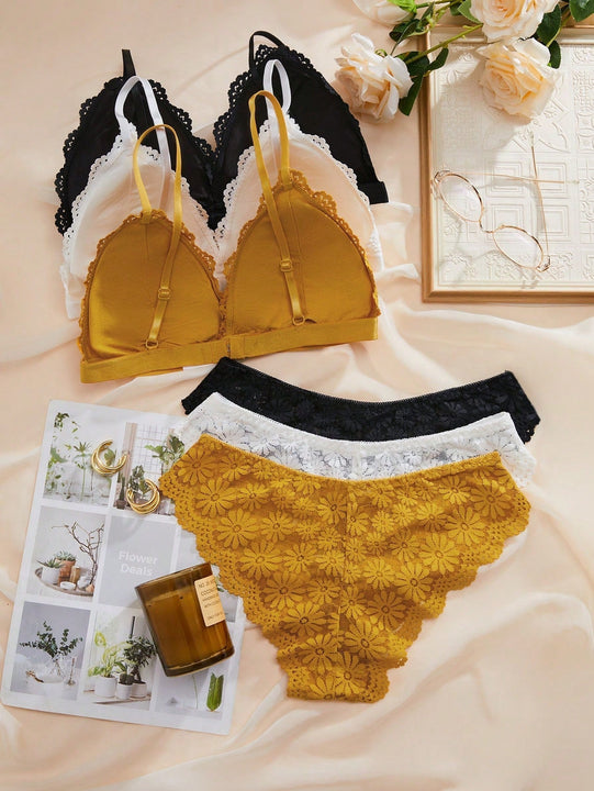 3 Conjuntos Conjunto de lenceria con encaje floral ribete en abanico