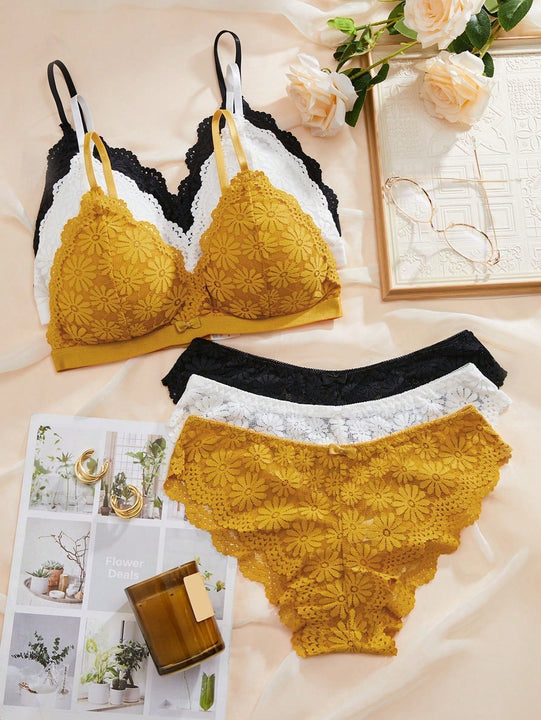 3 Conjuntos Conjunto de lenceria con encaje floral ribete en abanico