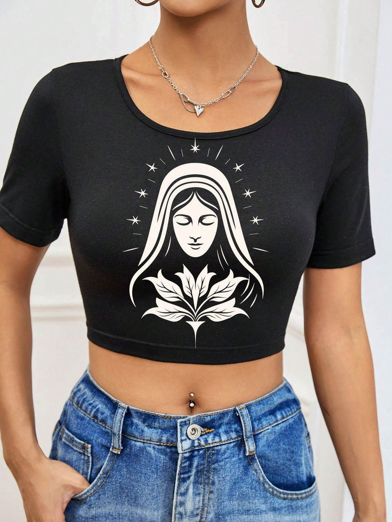 Camiseta Corta Para Mujer Con Estampado De La Virgen Maria