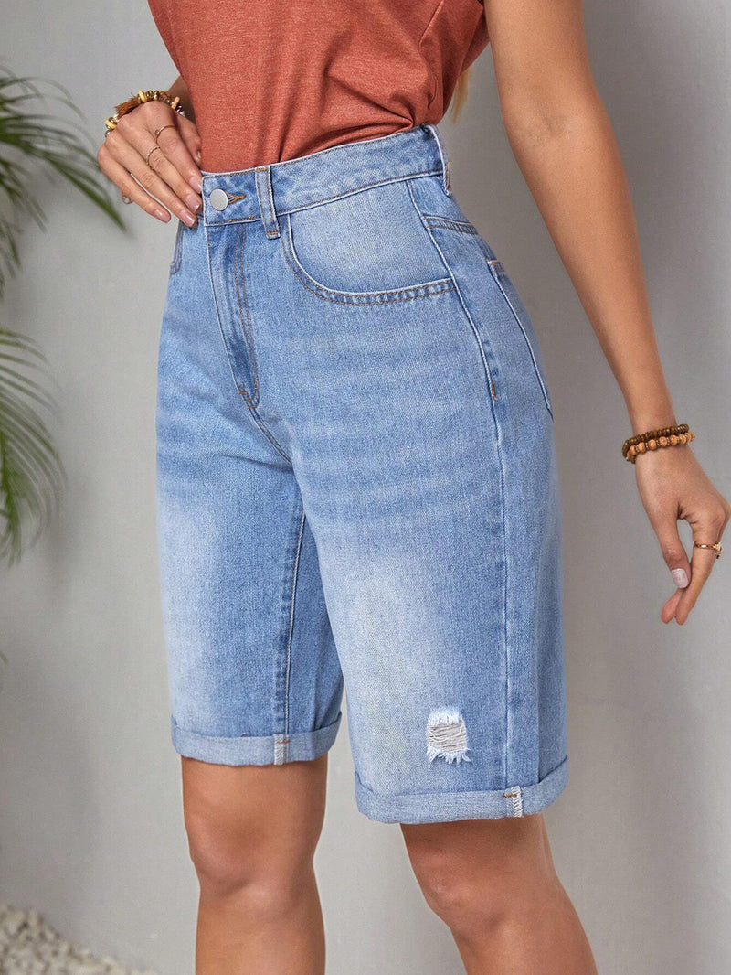 LUNE Shorts Vaqueros Con Dobladillo Deshilachado Y Detalle Desgastado Para Mujer