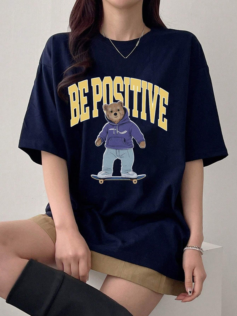 DAZY Camiseta De Mujer Holgada Con Estampado De Oso Y Letras