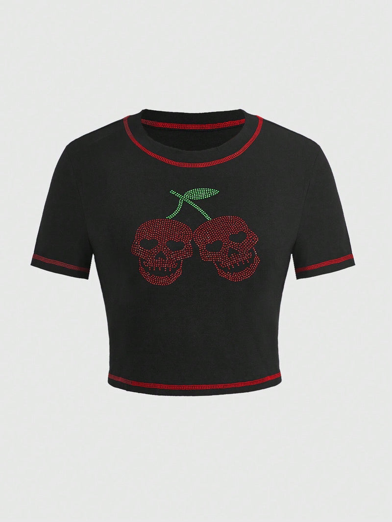 ROMWE Kawaii Camiseta Slim Fit De Manga Corta Con Patron De Calavera Y Cereza Adornado Con Diamantes De Imitacion