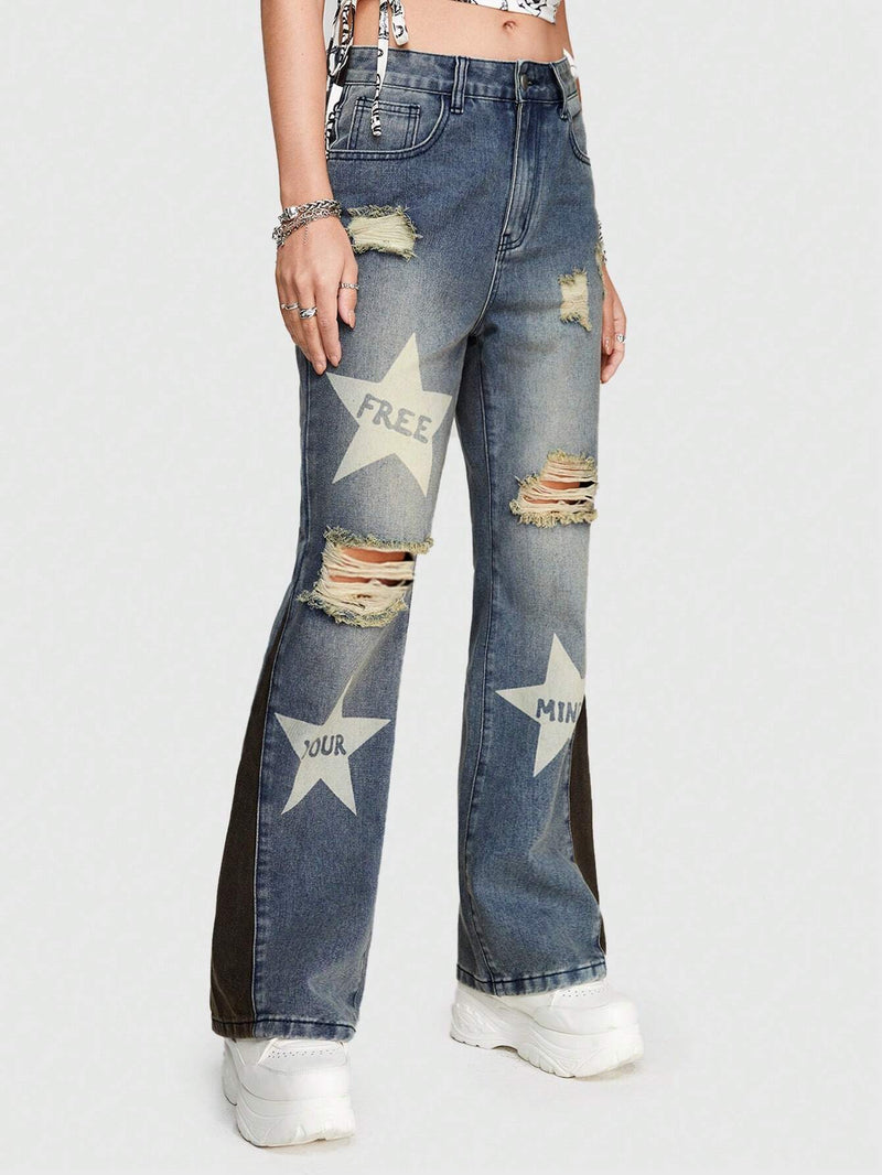 ROMWE Street Life Jeans De Mujer Con Diseno De Patchwork Estilo Streetwear Con Estampado De Estrellas Y Letras