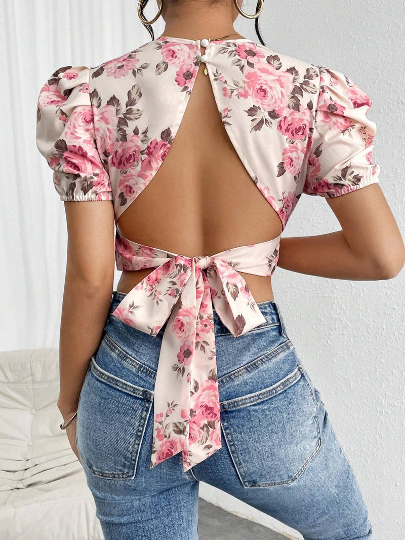 Blusa Corta Con Mangas Abullonadas Y Estampado Floral Para Mujer