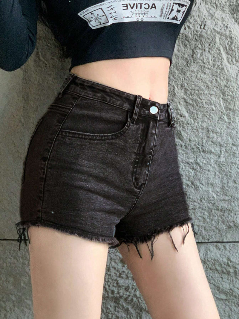 DAZY Shorts Vaqueros De Corte Slim Con Dobladillo Con Flecos Para Mujer