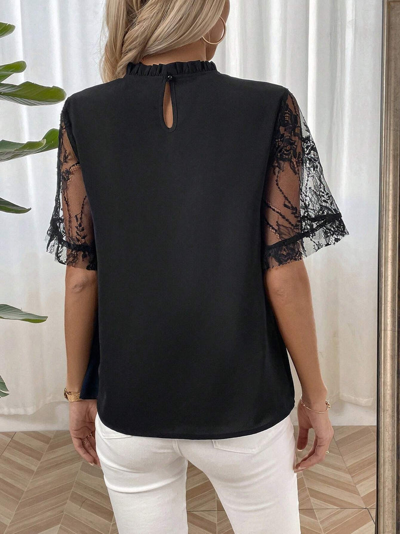 Camisa Para Mujer Con Encaje De Parche Y Cuello Alto