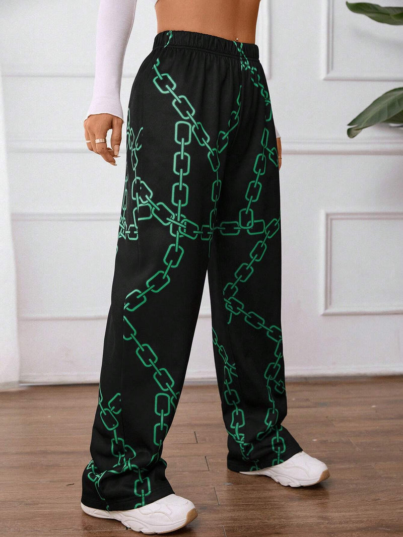 Slayr Pantalones Anchos Para Mujeres Con Cintura Elastica Y Estampado De Cadena