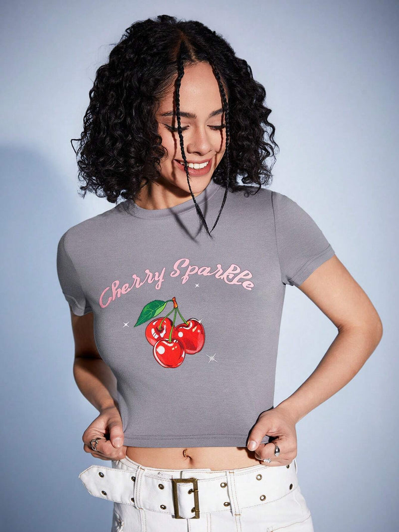 Forever 21 Camiseta Corta Y2k Casual Y Ajustada Con Diseno De Cerezas Para Mujer