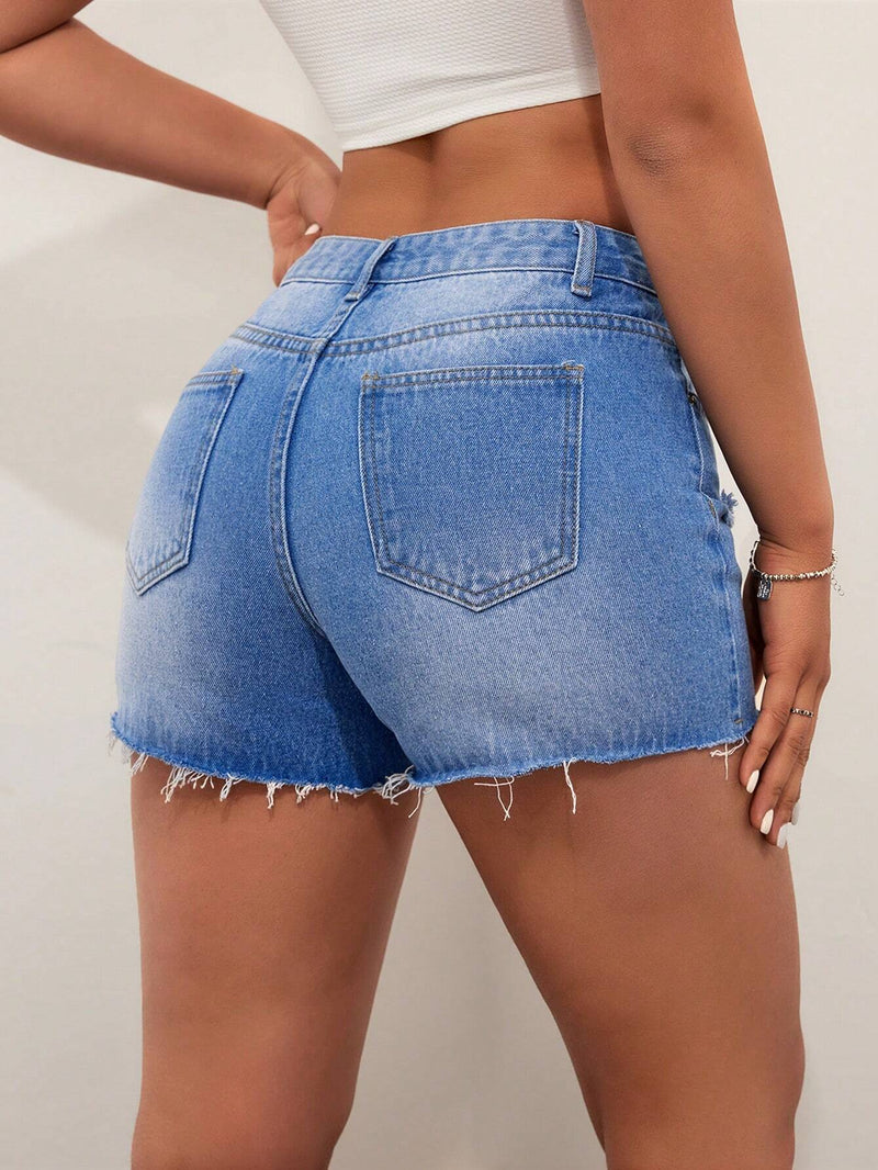 Shorts Rasgados De Mezclilla Con Dobladillo Deshilachado Para Mujer