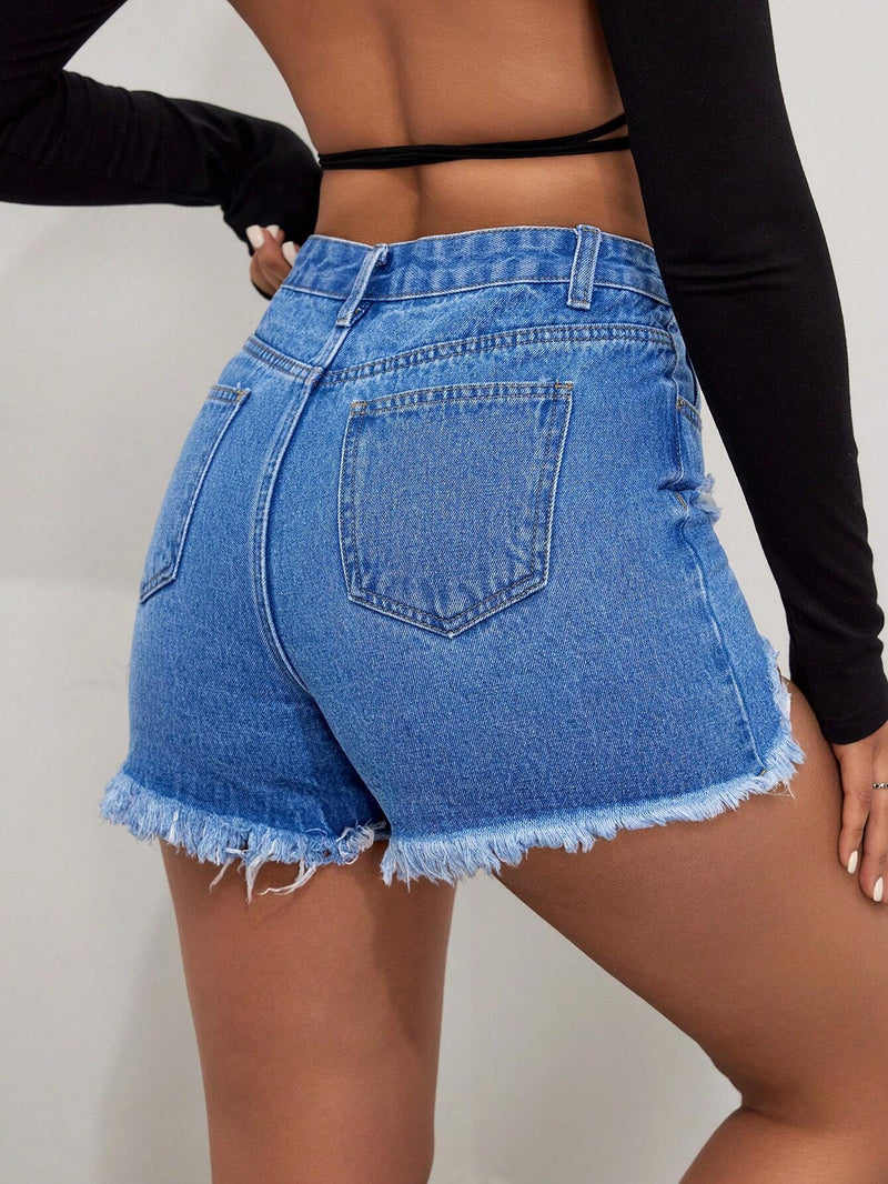 Shorts De Mezclilla Desgastados Y Deshilachados Para Mujeres