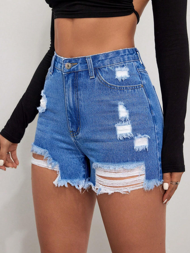 Shorts De Mezclilla Desgastados Y Deshilachados Para Mujeres