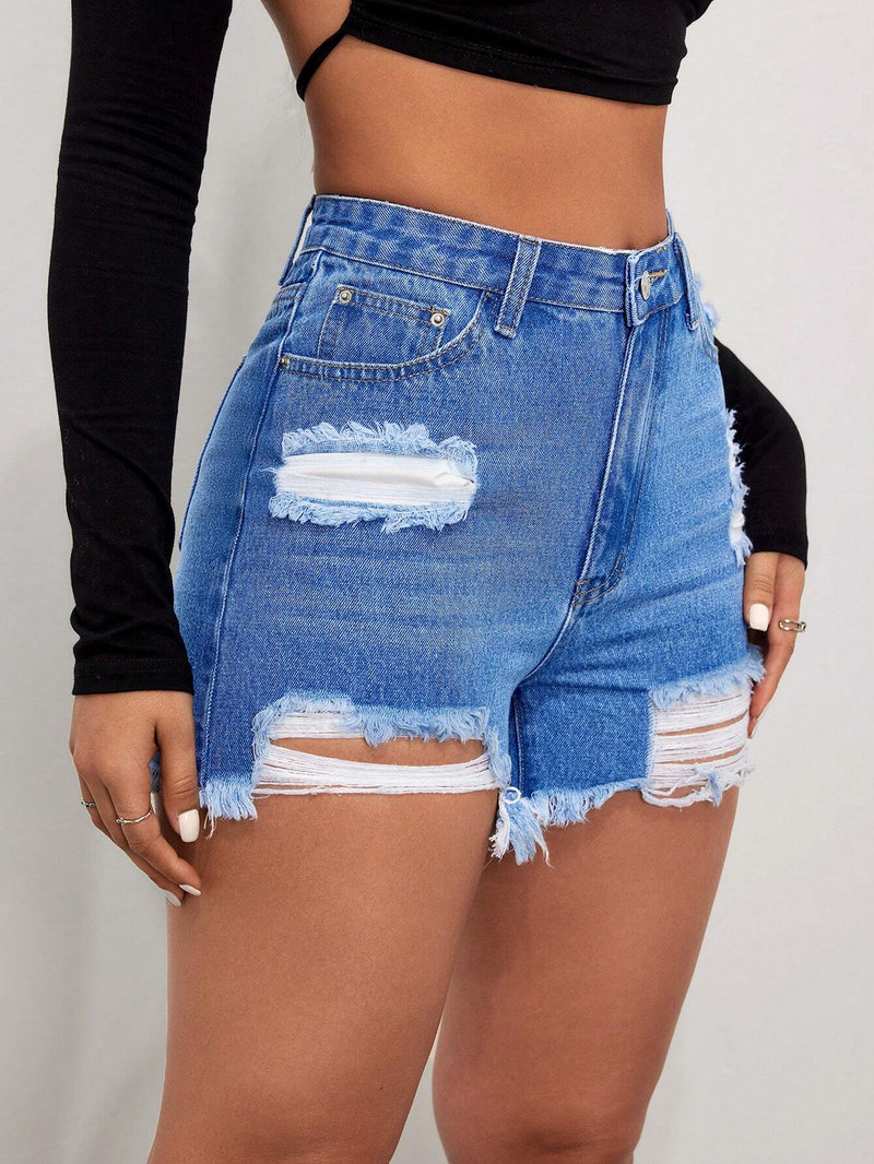 Shorts De Mezclilla Desgastados Y Deshilachados Para Mujeres