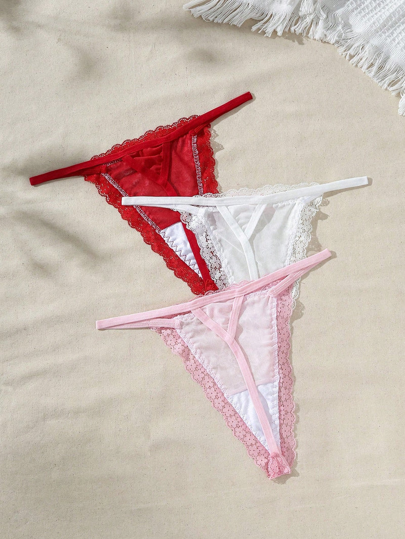 Conjunto De 3 piezas De Ropa Interior Femenina De Encaje Con Tanga Y Decoracion De Lazo