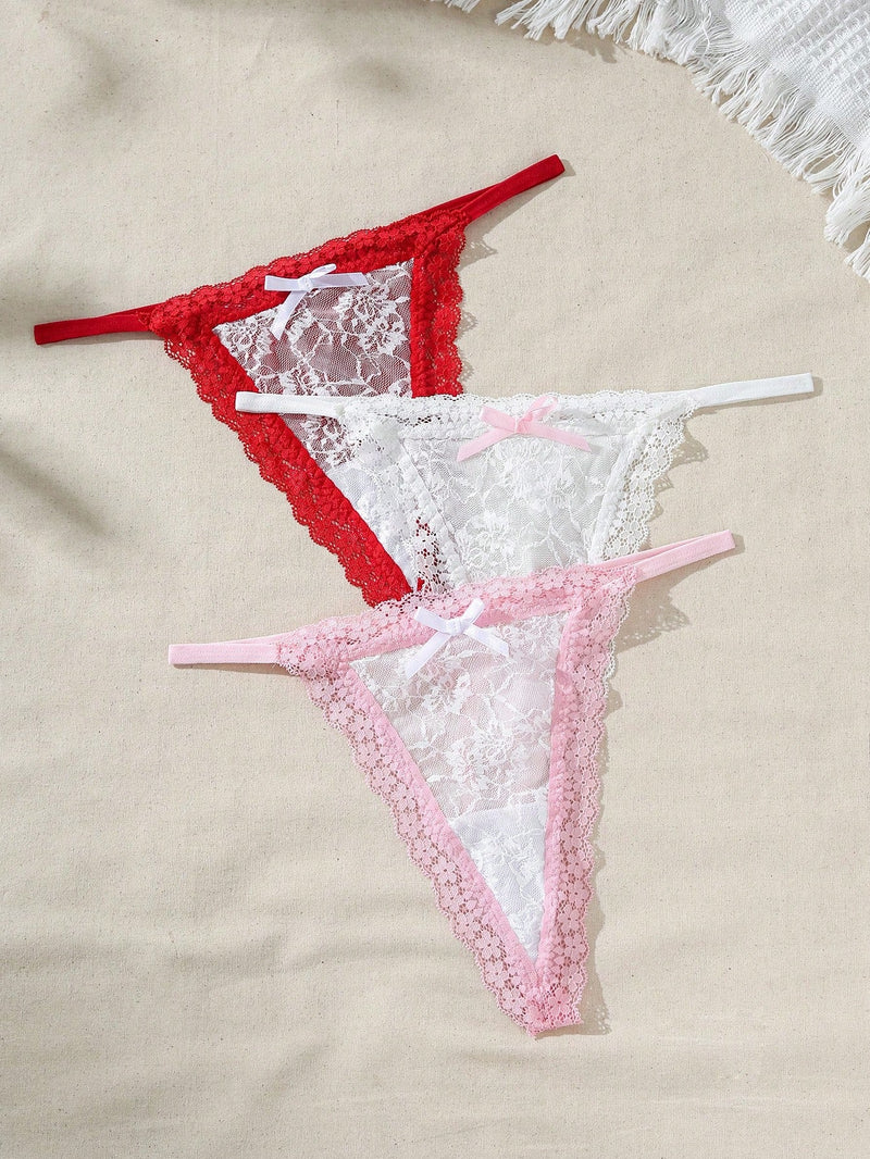 Conjunto De 3 piezas De Ropa Interior Femenina De Encaje Con Tanga Y Decoracion De Lazo