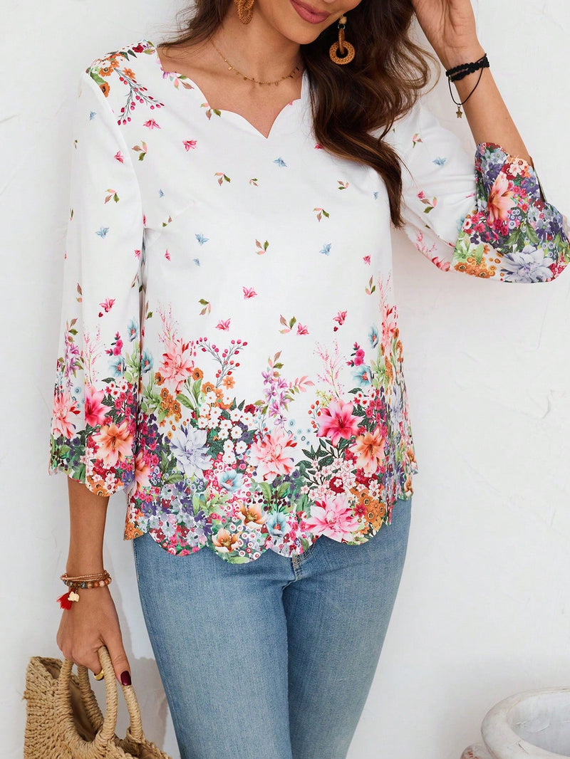 EMERY ROSE Camisa De Mujer Con Mangas A Media Altura, Cuello En V Con Escote De Concha Y Estampado Floral Posicionado