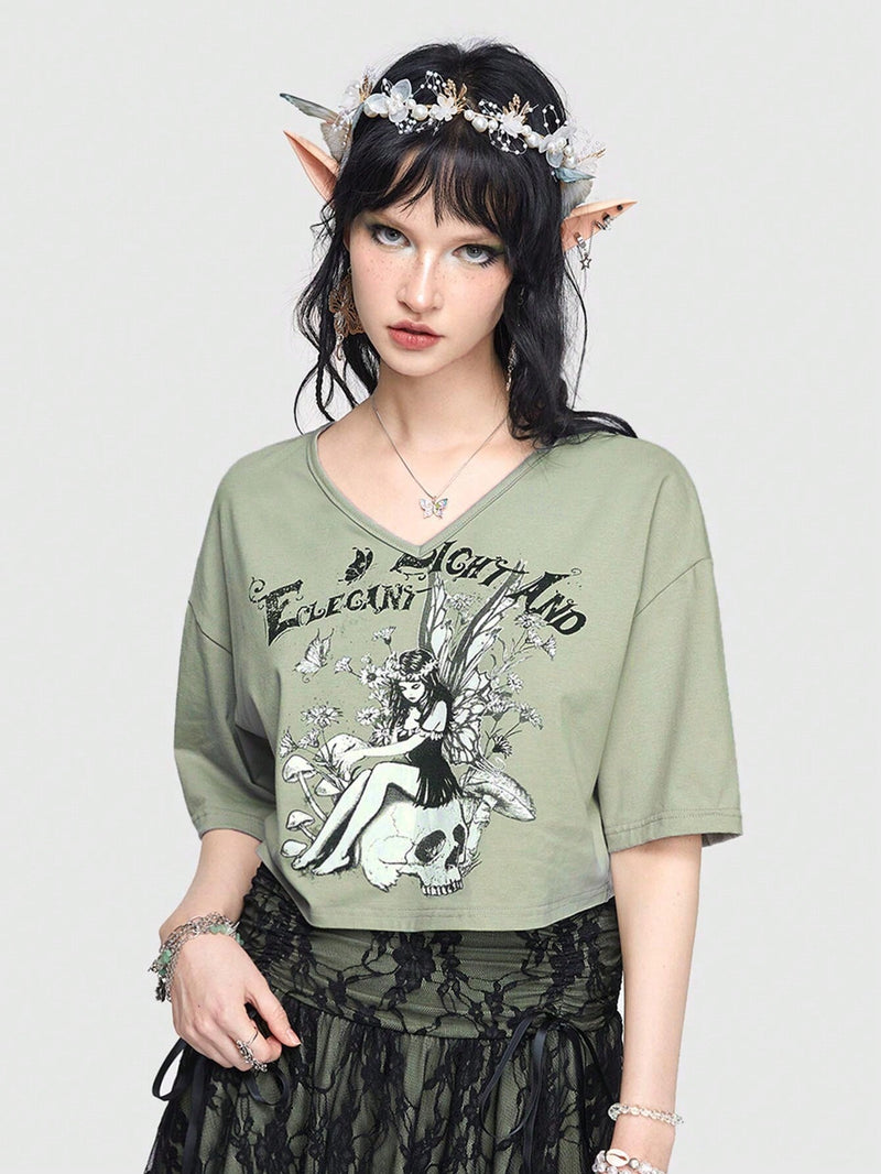 ROMWE Fairycore Camiseta Corta Con Estampado De Elfo Para Mujer