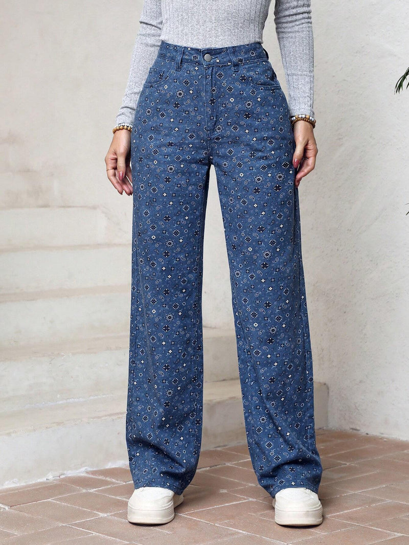 LUNE Pantalones Informales De Mezclilla Sueltos Con Estampado Paisley Para Mujer