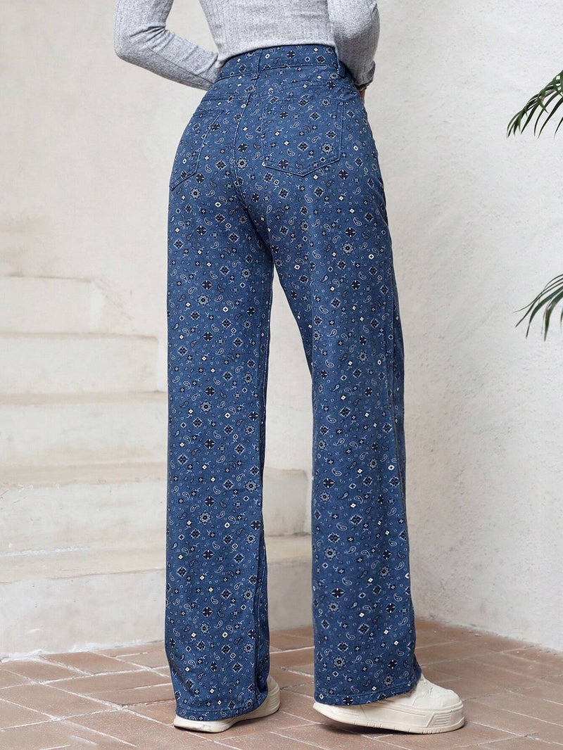 LUNE Pantalones Informales De Mezclilla Sueltos Con Estampado Paisley Para Mujer