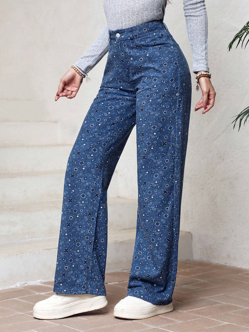 LUNE Pantalones Informales De Mezclilla Sueltos Con Estampado Paisley Para Mujer