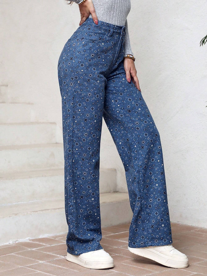 LUNE Pantalones Informales De Mezclilla Sueltos Con Estampado Paisley Para Mujer