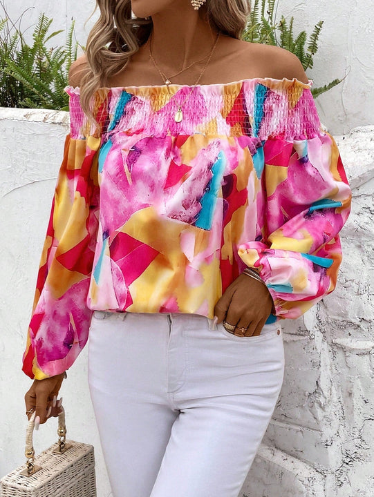 VCAY Camisa De Mujer Con Hombros Descubiertos Y Estampado Geometrico