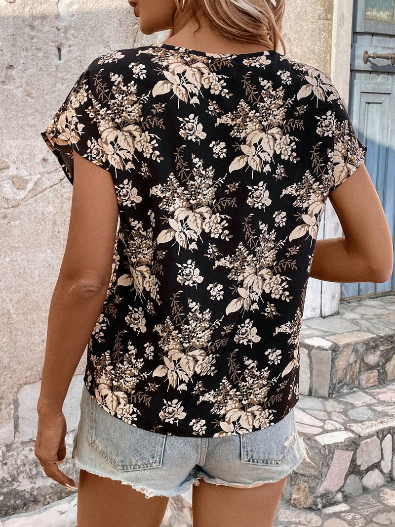 LUNE Blusa Casual Para Mujer Con Estampado Floral Y Escote En Forma De Ojo De Cerradura