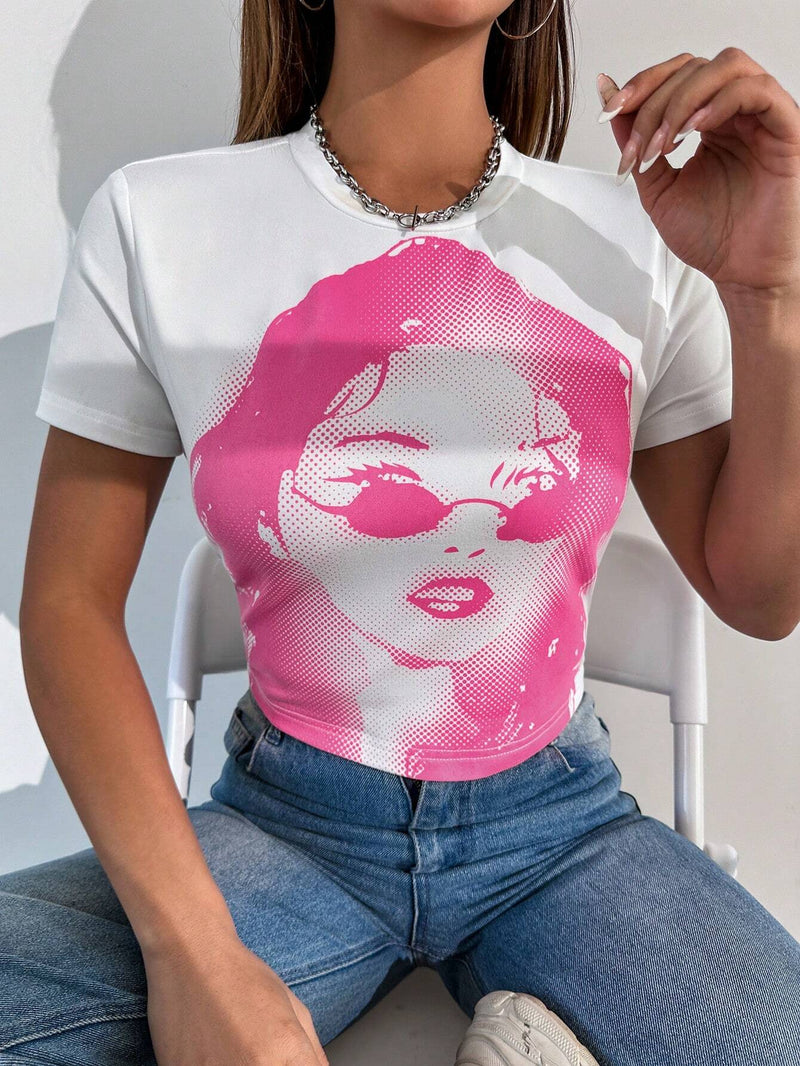 Camiseta De Mujer Con Retrato Impreso