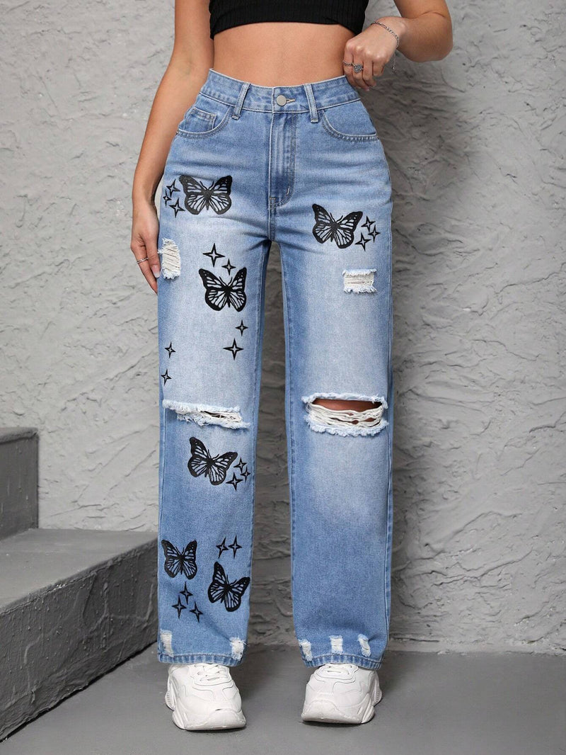 PETITE Jeans Para Mujer Con Mariposas Estampadas Y Desgastados