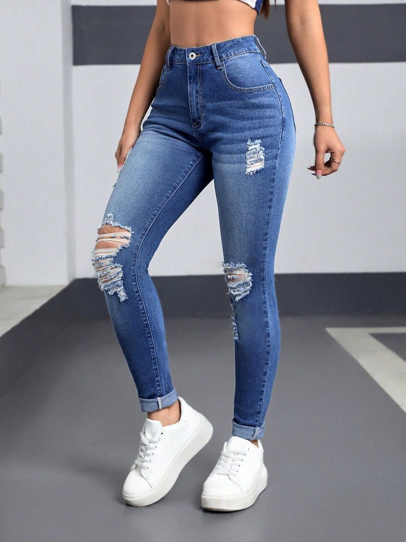 EZwear Jeans Slim Fit Para Mujeres Con Estilo Desgastado