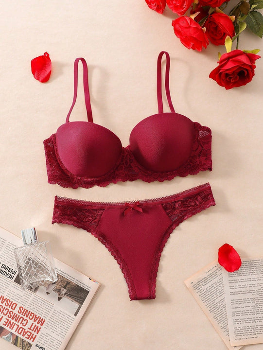 Conjunto De Lenceria Decorado Con Lazos De Mariposa, Encaje Combinado Para Dia De San Valentin