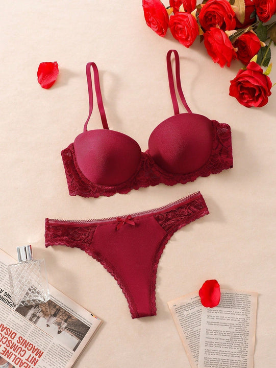 Conjunto De Lenceria Decorado Con Lazos De Mariposa, Encaje Combinado Para Dia De San Valentin