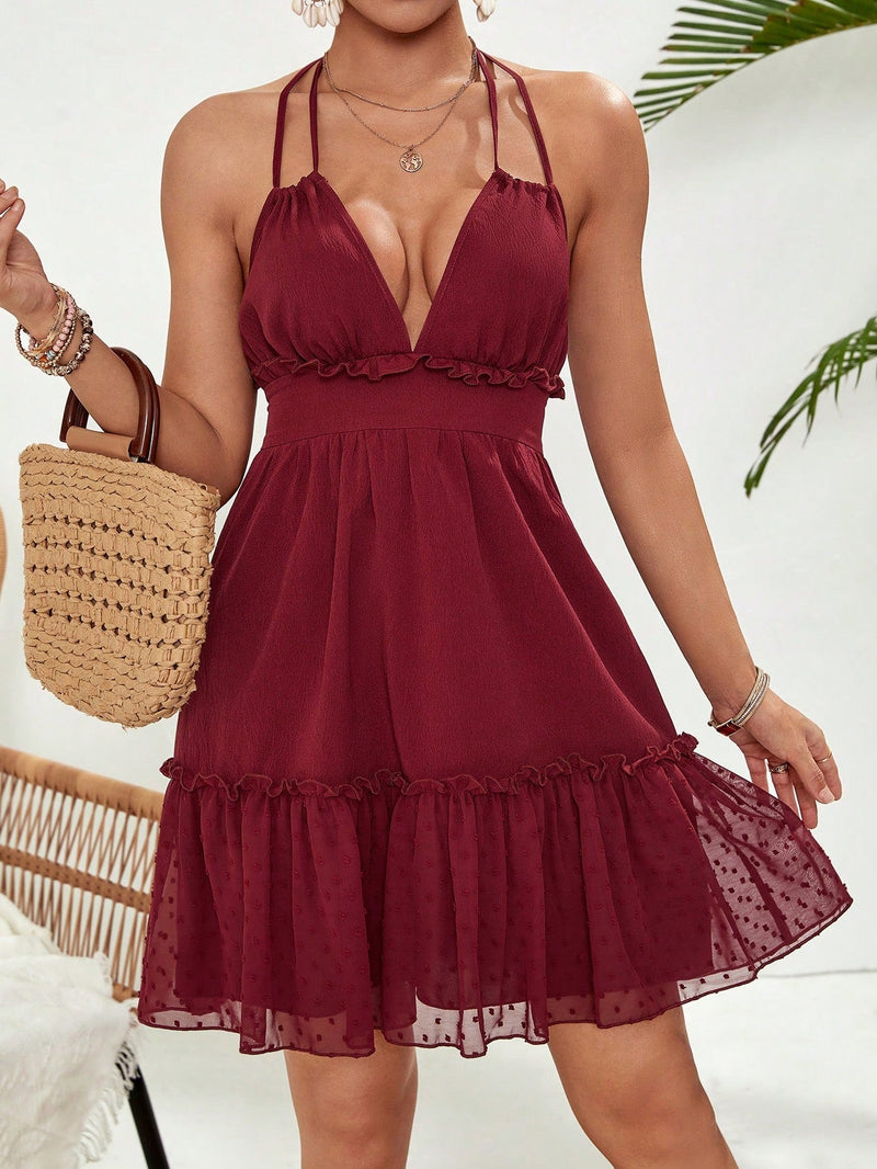 Holidaya vestido de mujer con cuello halter descubierto, de color liso