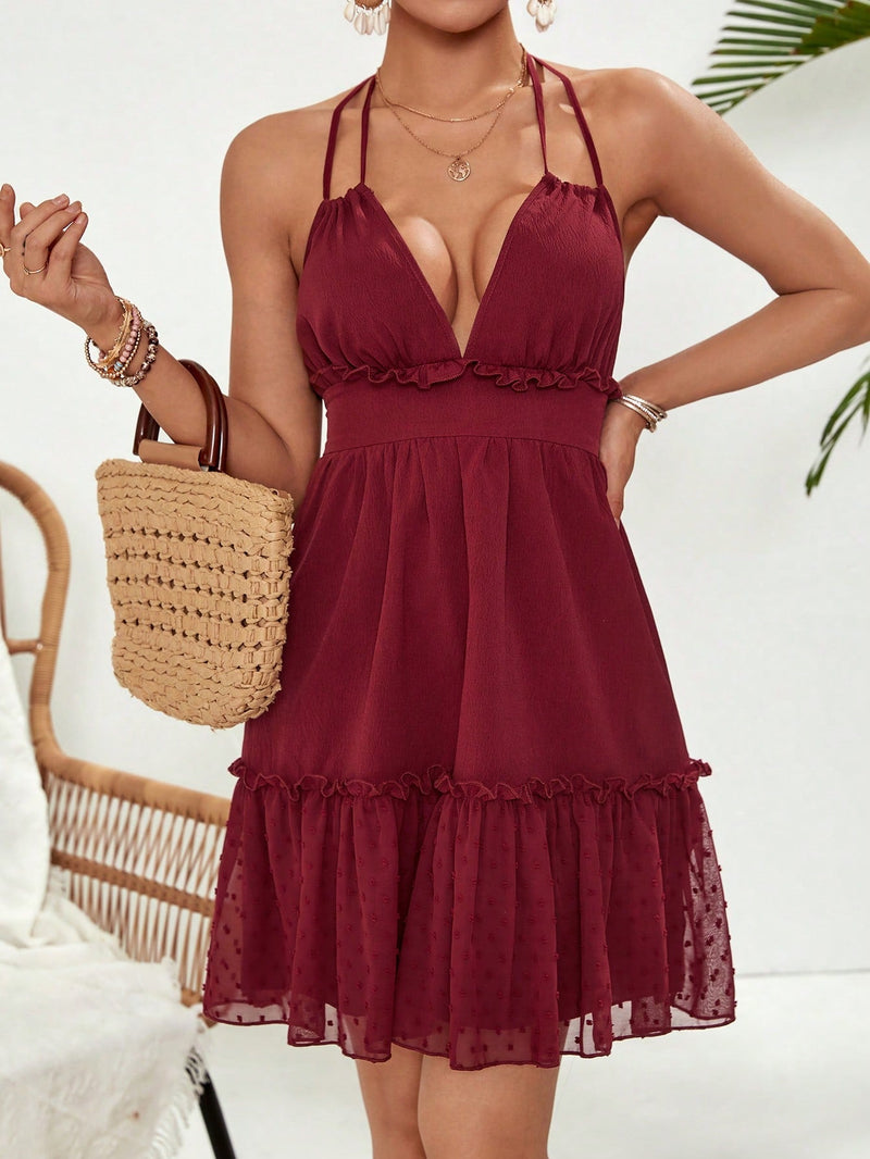 Holidaya vestido de mujer con cuello halter descubierto, de color liso