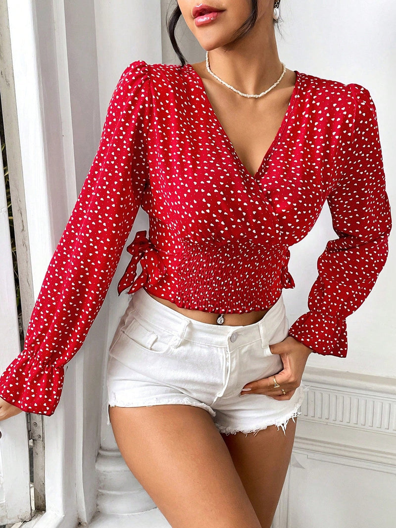 WYWH Blusa Fruncida Con Cintura Y Estampado De Corazones Para Mujer