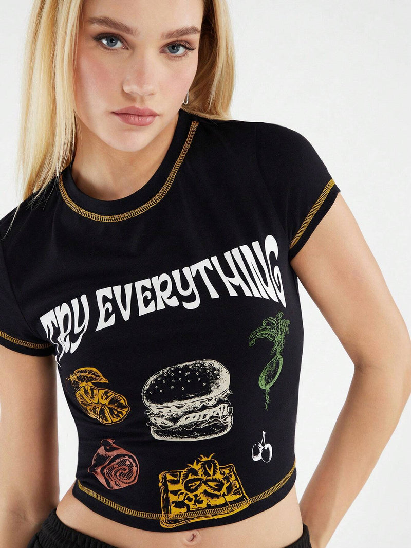 Forever 21 Camiseta De Mujer Con Cuello Redondo Y Mangas Cortas Con Chica Picante Impresa En Estilo Americano