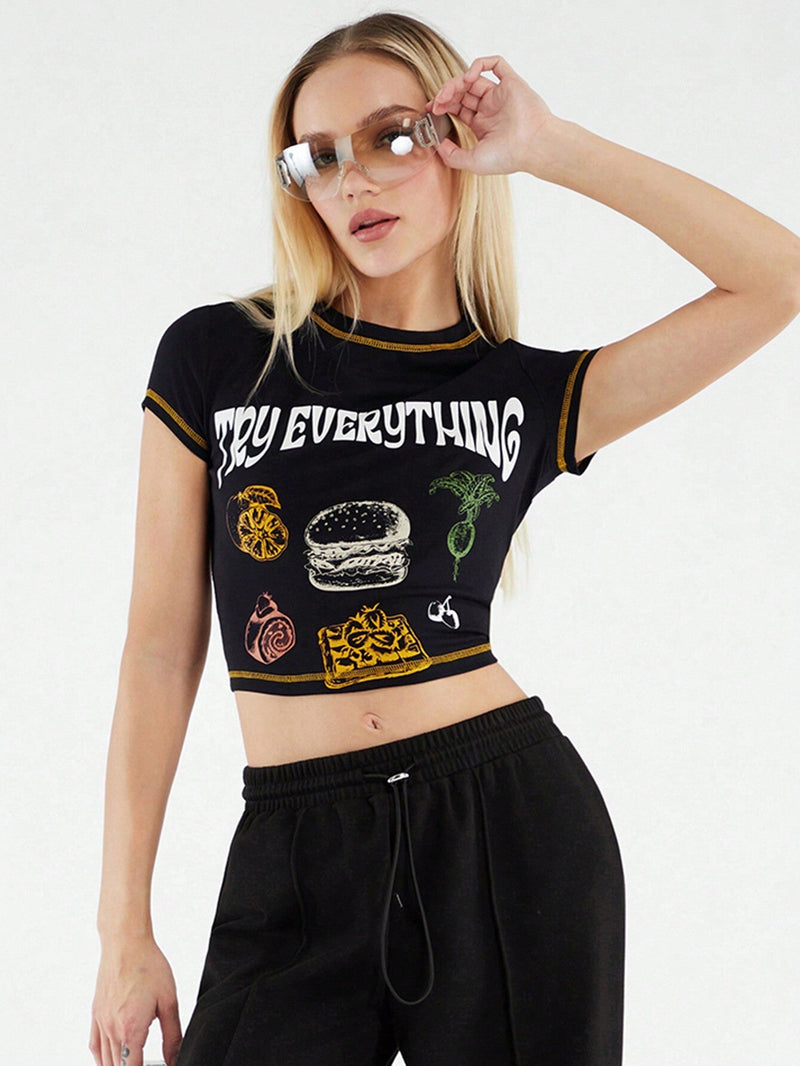 Forever 21 Camiseta De Mujer Con Cuello Redondo Y Mangas Cortas Con Chica Picante Impresa En Estilo Americano