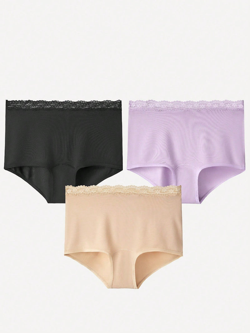 LUVLETTE Conjunto De 3 Panties Cortos De Cintura Alta Para Mujeres Con Encaje, Hechos De Modal