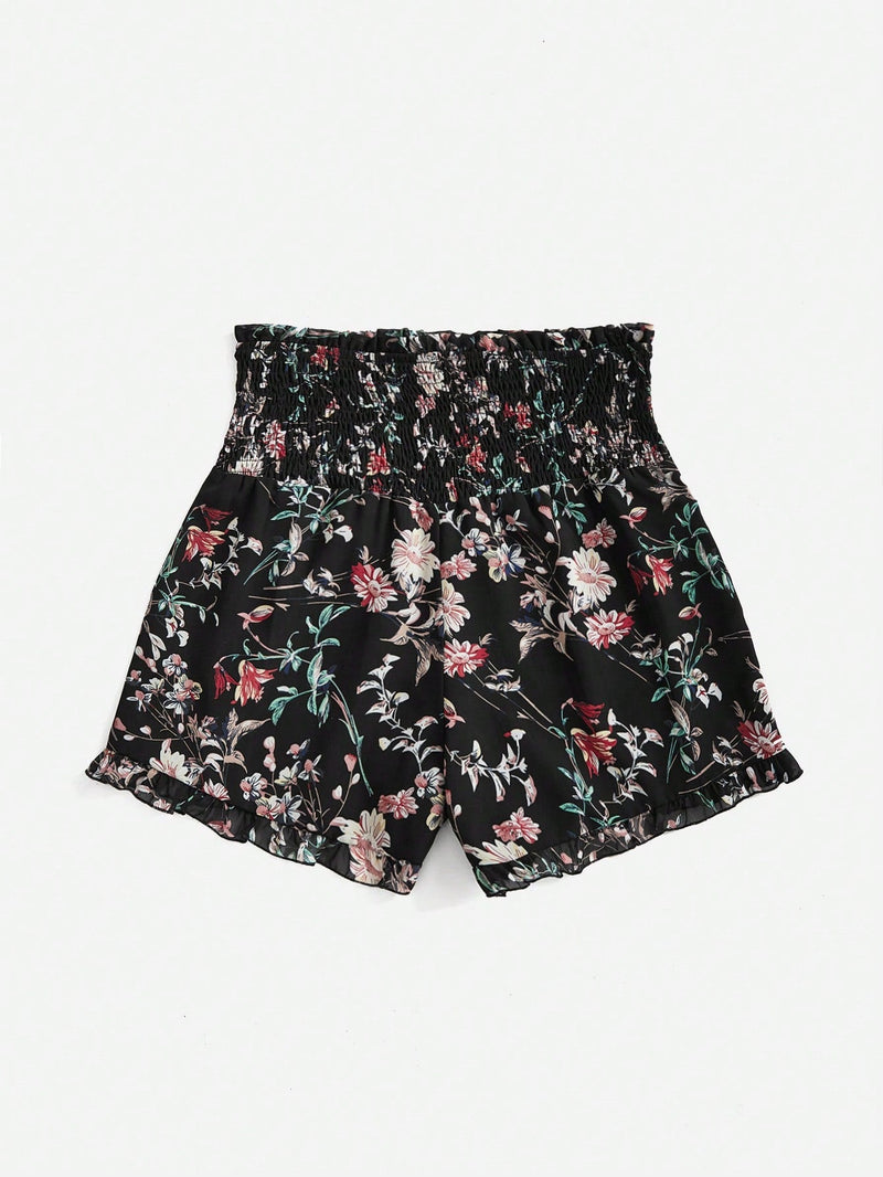 VCAY Shorts De Vacaciones De Pernera Ancha Fruncidos Con Cintura Elastica Y Estampado Floral