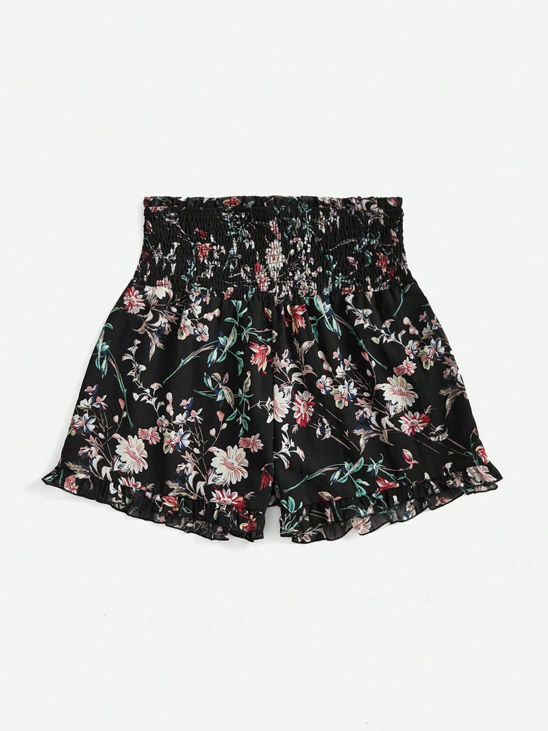 VCAY Shorts De Vacaciones De Pernera Ancha Fruncidos Con Cintura Elastica Y Estampado Floral