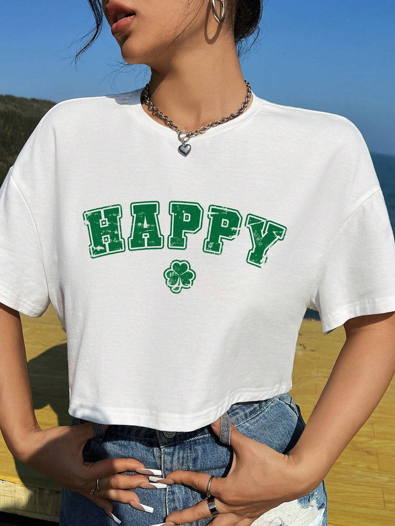 Camiseta De Manga Corta Suelta Con Cuello Redondo Y Estampado De Trebol De La Suerte Y Felicidad Para Mujeres, Adecuada Para El Dia De San Patricio En El Verano