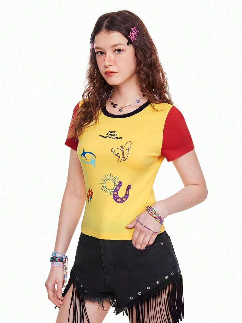 Neu Camiseta De Bloque De Color Con Estampado Grafico De Dibujos Animados De Verano Para Mujer