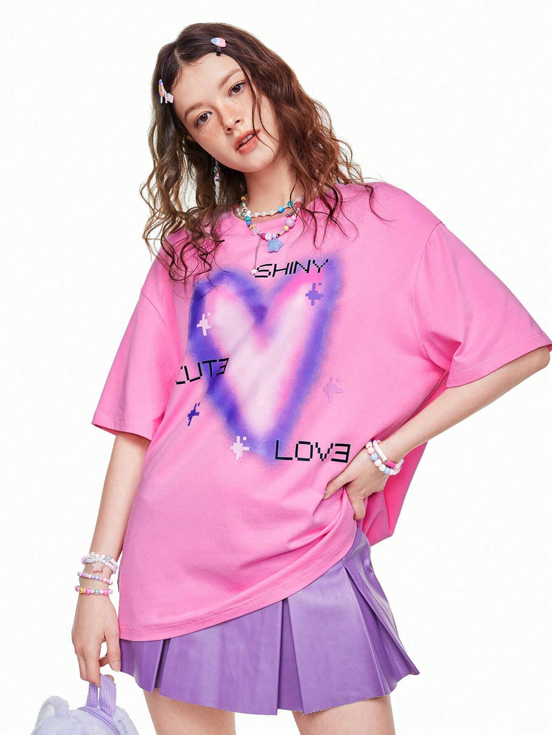 Neu Camiseta Holgada Con Hombros Caidos Y Estampado De Corazones Y Letras Para Mujer